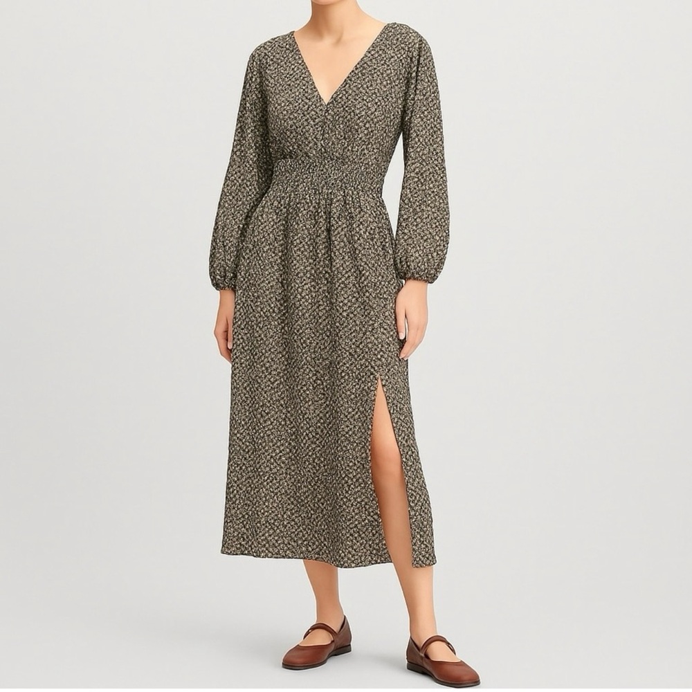 GAP Maxi Dress Brown Cottage Floral Size XXL V-Neck Long Sleeve